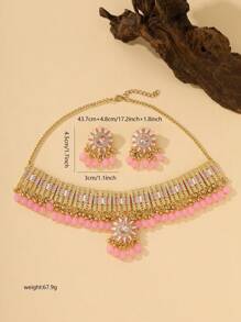 Set de 3 piezas de joyería estilo bohemio con Brillo y Gracia: Collar, pendientes de flor con strass y colgante con cuentas y borlas, y gargantilla; adecuado para bodas, banquetes, fiestas, uso diario y como regalo de joyería de vacaciones para chicas