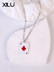 1pc Poker Card & Turquoise Enamel Pendant Necklace For Women, European & American Design