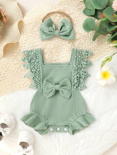 2pcs Set Casual Elegant Sweet Cute Baby Girl Bodysuit, Soft Breathable Solid Color Hollow Lace Tassel Trim Dress Bodysuit And Headband Set