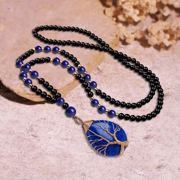 1 Piece Of Natural Lapis Lazuli Pendant Necklace, Bohemian Style Tree Of Life Pendant Necklace, The Best Gift For Christmas And Halloween Holiday Parties