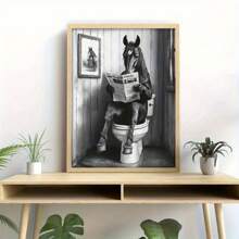 1 pieza Pintura sin marco de un caballo sentado en un inodoro leyendo un periódico, una decoración de pared humorística para el baño, apta para sala de estar, dormitorio, oficina, comedor, impresión, obra de arte, regalo perfecto y decoración, 30,48 cm x 40,64 cm.