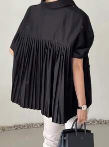 ii Polo Collar Solid Color Pleated Back Elegant Casual Shirt