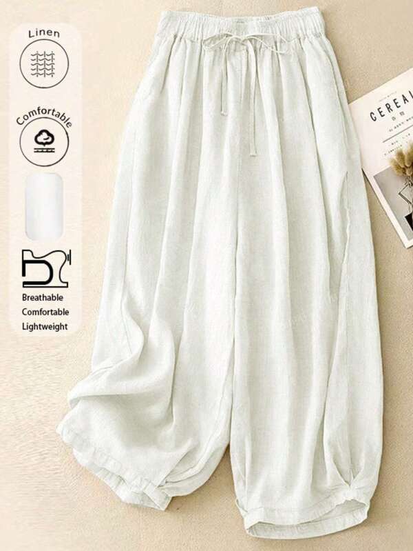 Casual Holiday Linen Lantern Pants, High Waist Drawstring Bow Loose Culottes, Draping, Summer