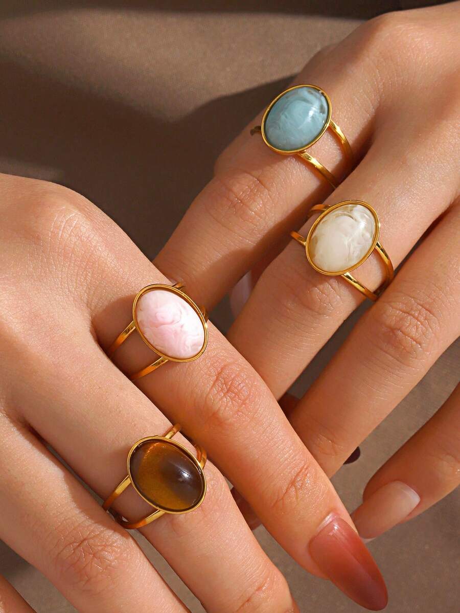 1 pieza Anillo ovalado abierto geométrico con incrustaciones de resina, de acero inoxidable y estilo minimalista, adecuado para uso diario y de fiesta de mujeres