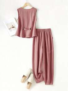 Set di camicia e pantaloni casual in lino da donna, adatto per vacanze primavera/estate