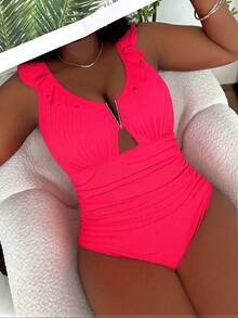 Slaydiva Plus Summer Beach V Wired Ruffle Trim Ruched One-Piece Swimsuit, One-Piece Bathing Suit - Pink - View 5
