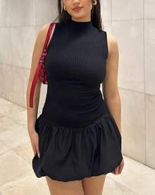 Bubble Dress Women Sleeveless Mock Neck Knit Open Back Dress Bodycon Y2k Party Club Short Dress - 粉色 - 查看 8