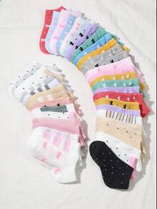 20 Pairs Kids Socks: Candy Color, Lace Bow, Heart Pattern, Striped, Soft & Comfortable, Casual & Versatile, Student Socks, Random Color - Multicolor - View 2