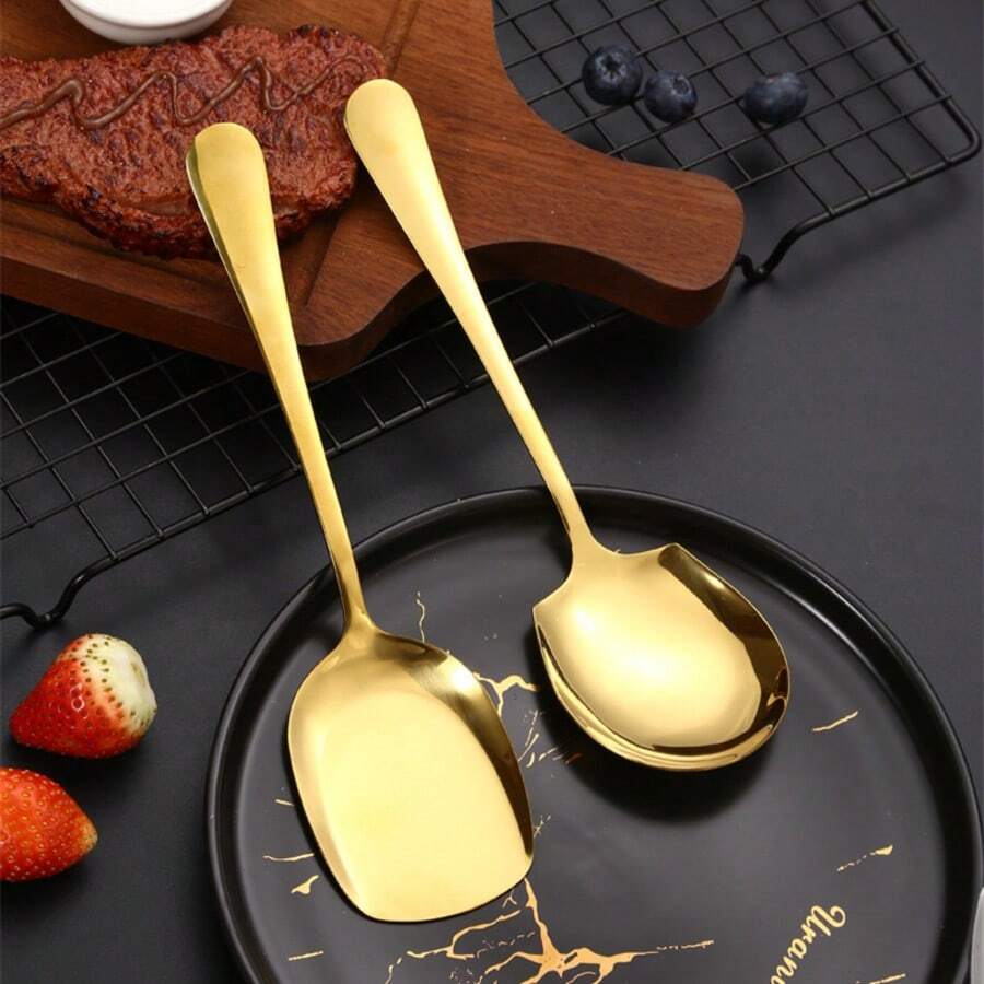 Bộ 1/2 muỗng múc thức ăn bằng thép không gỉ, muỗng xới cơm cỡ lớn, xẻng cán dài hình vuông, dụng cụ nhà bếp, màu bạc/vàng. - Nhiều màu - Xem 1