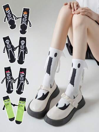 1/2双万圣节创意手拿袜男女同款情侣袜南瓜骷髅图案小手骷髅人欧美ins风中筒袜圆筒袜南瓜袜古灵精怪袜子新奇袜子搞怪袜子适合日常节日礼物