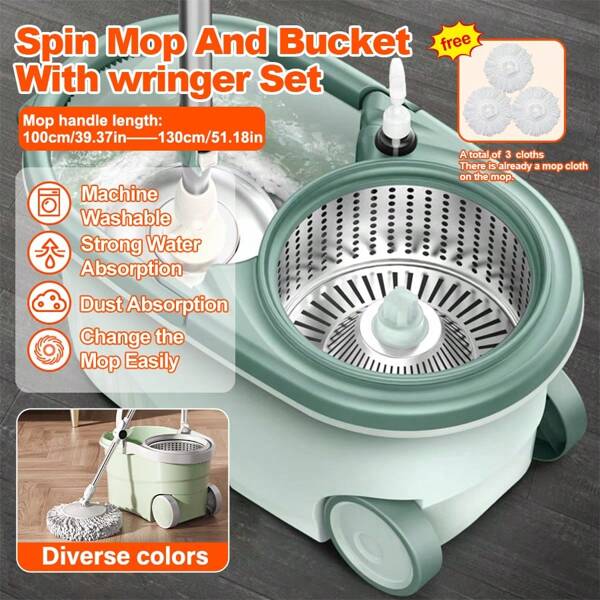 Spin Mop And Bucket With Wringer Set, Household Double Drive Rotary Mop And Bucket Set, With 3 Microfiber Replacement Mop Heads, Spin Mop, Hands-Free Wash Mop, 360°Spinning Mop, With Wheels And Stainless Steel Handle, Wet And Dry Use, Dust Removal Mop, For Hardwood, Laminate, Tile, Wooden Floor Cleaning, Cleaning Tool