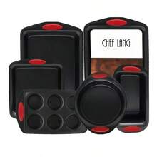 CHEF LANG Non-Stick 6-Piece Baking Tray Set, Carbon Steel Baking Tray Set, Silicone Handles, Stackable Kitchen Oven Set, Cookie Tray, Baking Tray, Baking Tray Set, Oven Safe - Red - View 7