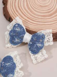 2 piezas Lazos de pelo de encaje y denim para niñas - Lazos de encaje beige con pinzas de cocodrilo, lazos de denim azul con lentejuelas - Elegantes pinzas de lazo para bodas, vacaciones, accesorios de pelo para niños