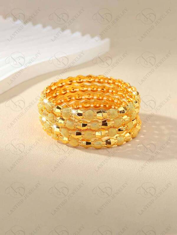1 Set Of 4 Pcs Elegant Middle Eastern Style Women's 24K Gold Plated Hollow Design Bracelet, Fashion Bangle For Bride Wedding