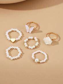 4/6pcs Teen Faux Pearl Flower Beaded Adjustable Rings Set, Creative Gift For Girls - Multicolor - View 1