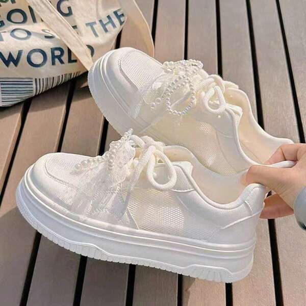 New Summer Breathable Lightweight Women Retro Sports Sneakers, Jelly Shoes Casual Campus Vibe Student Shoes, Shiny Laser Round Toe Rubber Sole Lace Up Leisure Trainers White, 4th Of July Women