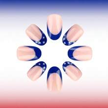 GEOXS24pcs 4th Of July Press On Nails Short Almond Independent Day Fake Nails Glossy False Nails With White Star Design Red Blue French Tip Glue On Nails Full Cover Stick On Nails For Women DIY Manicurez001 - Multicolor - View 3