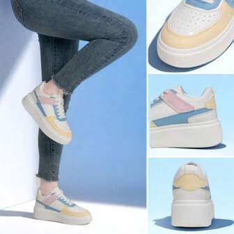 Spring Casual White Shoes, Women's Color Blocking Platform Shoes, Cute White Low-Top Sneakers, Multi-Color Comfortable & Fashionable Athletic Shoes, 5cm Increased Height, Elegant & Flattering Shoes For Petite Women