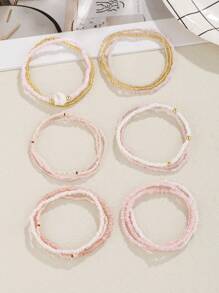 17pcs Women's Boho Style Glass & Seed Beaded Pink Layered Bracelets