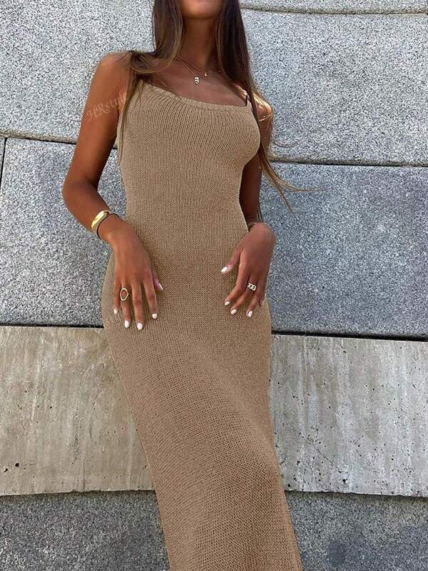 Women's Fashion Elegant Sexy Simple Solid Casual Knit Cover Up Beach Dress, Summer
