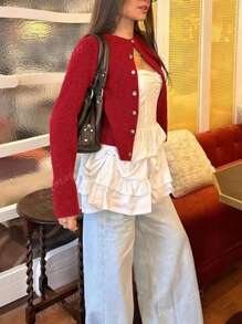 Nueva chaqueta de punto de estilo suelto y cómodo con cuello redondo y botones de giro en la parte delantera, manga larga, estilo corto para mujer, ideal para primavera/otoño e invierno, color rojo borgoña, ideal para Año Nuevo y vuelta al cole