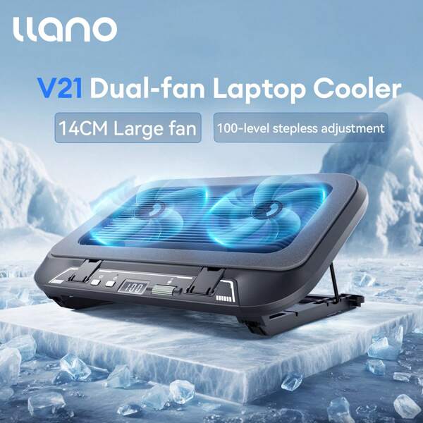 Llano V21 14cm Dual Lüfter Laptop Kühler 14"-17.3" beleuchtbar, einstellbar, faltbarer Laptop Kühler Pad, LED Licht Lüfter, einstellbare Höhe Laptop Kühlpad für Laptop Kühlung