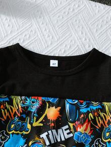 Conjunto de 2 piezas de niños de 4 a 7 años con estampado de dibujos animados, incluyendo blusa de manga corta linda + pantalones cortos casuales, conjunto deportivo de moda - Negro - Ver 6