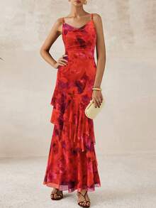 Women's Long Dress Summer Ruffled Layered Floral Beach Sundress With Thin Straps Wedding Guest Dress - Rust Red Print - View 5