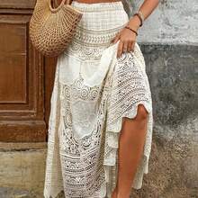 Women's Summer A-Line Skirt Long Crochet High Waist Skirt Maxi Stretchy Boho Hollow Out Flowy Lace Skirts For Travel, Beach, Shopping - 米色 - 查看 3