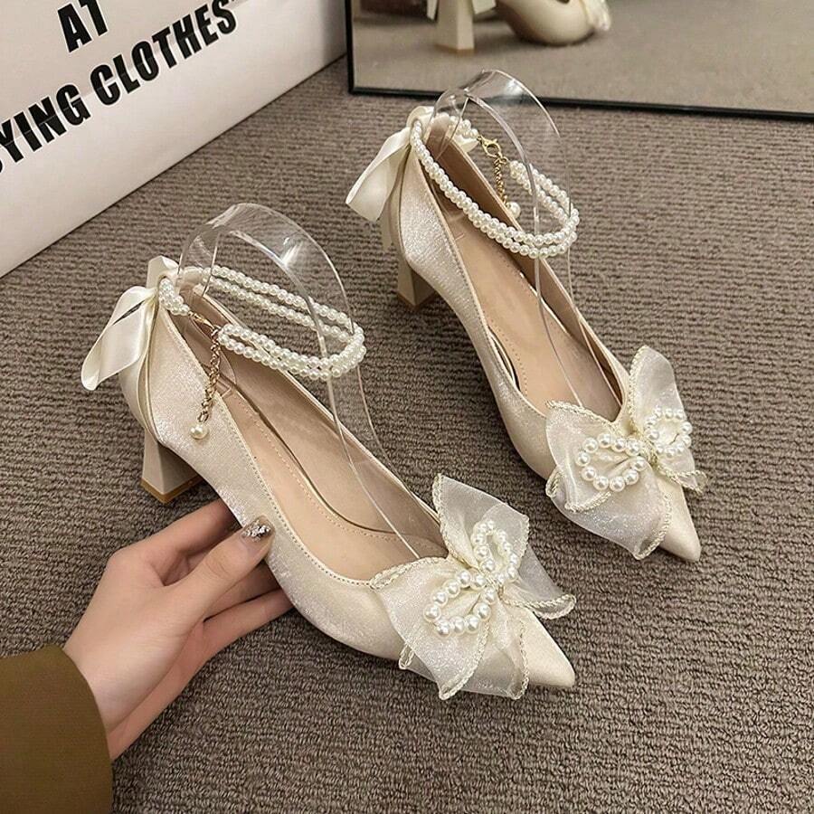 Nuove scarpe singole da donna con tacco alto a punta, spesse e con cinturino in raso, stile profumo, piccole
