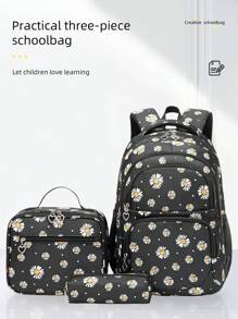 3pcs/Set Daisy Printed Unisex Backpack Set - Lunch Box, Pencil Case, Multi-Pocket Design, Large Capacity, Cute Girlish Style, Zipper Closure, Fits On Luggage Handle, Suitable For School, Short Trips, Commute, Back To School Gift