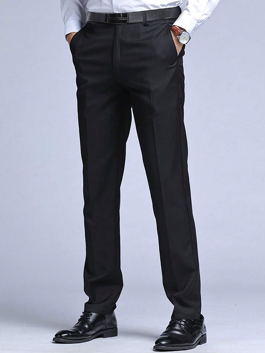 Pantalones rectos de verano para hombre, pantalones formales de negocios de corte slim en color negro, pantalones casuales para primavera y otoño - Negro - Ver 1