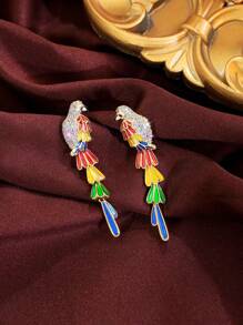 1 Pair Beautiful Multicolor Enamel Cubic Zirconia Pave Long Dangle Drop Symmetrical Bird Earrings For Women, Elegant For Festival And Party Jewelry