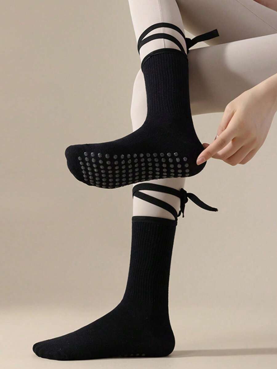 足部防滑瑜伽袜普拉提运动健身舞蹈跳跃彩色中长款绑带多功能袜子