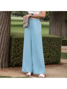 GS SNOWING Women's Elegant Wide Trousers High Waist Loose Summer Palazzo Trousers Stretchy Lounge Long With Pockets - 藍色 - 查看 2