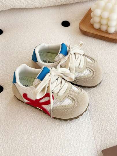 1 Pair. For Boys And Girls Aged 1 - 8. Mesh - Spliced Suede Leather. With Colorful Decorative Strips. Breathable And Anti - Slip. Low - Top, Lace - Up, Flat - Heeled. Casual Sports Style. Sneakers. Suitable For Daily School And Outdoor Outings.