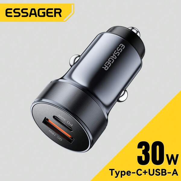 ESSAGER Carregador de carro USB de 30 W e tipo C, carregamento rápido para telefone, PD QC, adaptador de carro de 18 W e 12-24 V
