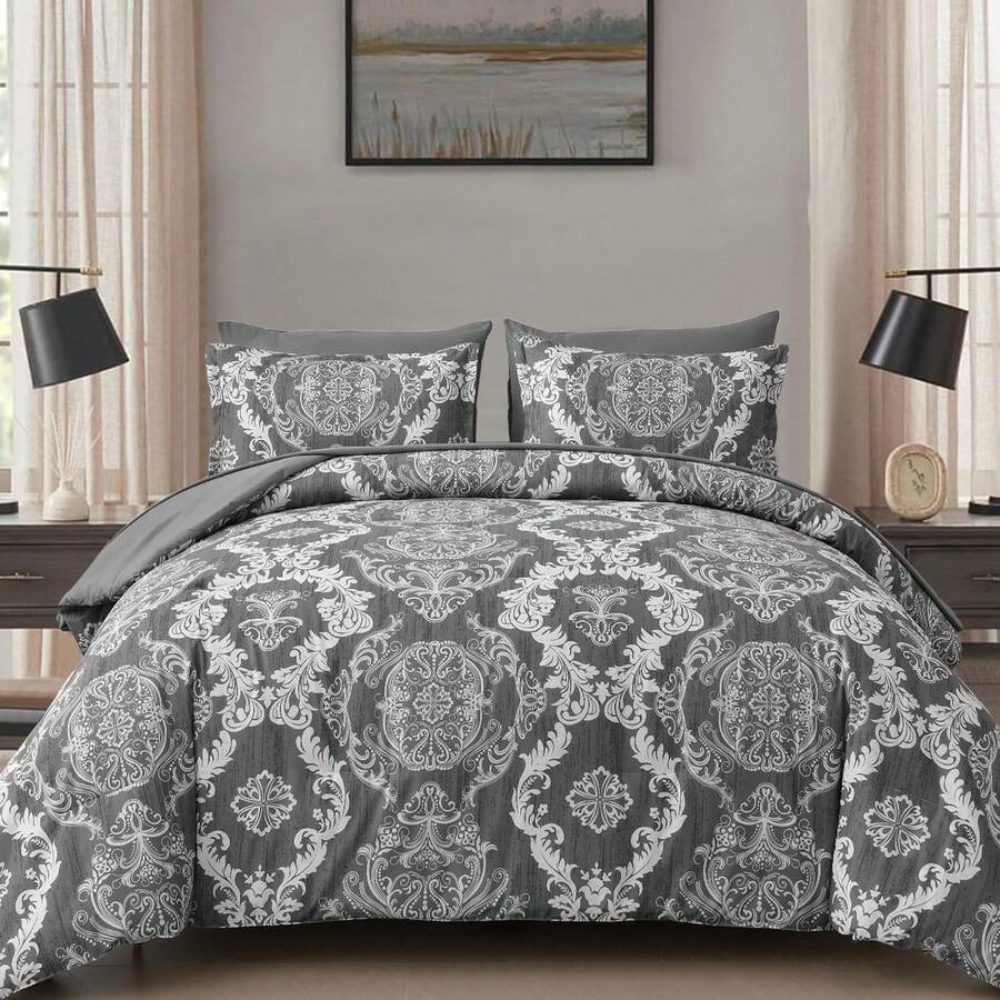 7 Pieces Paisley Comforter Set Queen King Bed In A Bag Comforter, Dark Grey Boho Paisley Pattern Bedding Soft Microfiber Queen Size Comforter With Sheet & Pillowcase,Wedding Items,Valentines Day Home Bed Room Decor,Easter Gifts,All Season - Dark Grey02 - 查看 1