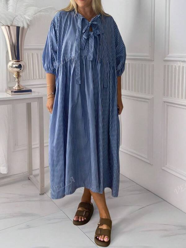 Plus Size Women Stripe Front Tie Bell Sleeve Loose Casual Babydoll Dress