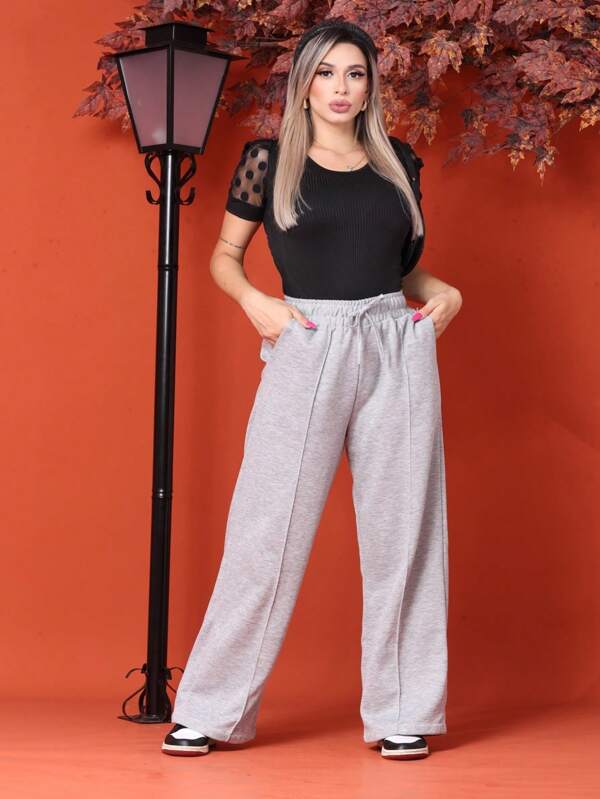 Calça Pantalona Moletom Moda Gringa Inverno Casual Blogueira
