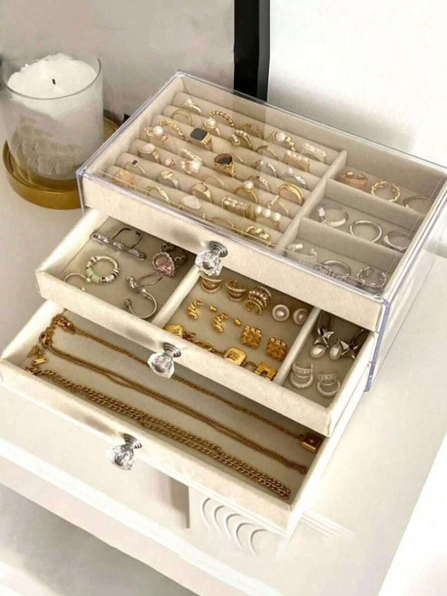 1pc 3-Tier Jewelry Box, Acrylic Jewelry Organizer Tray With C/D/E Size Jewelry Trays, Velvet Lining, Stackable, Crystal Knob, Large Capacity, High-End Earrings/Necklaces/Jewelry Storage, Makeup OrganizerFor Women Storage Organizer Travel Essentials Back To School - Multicolor - View 1
