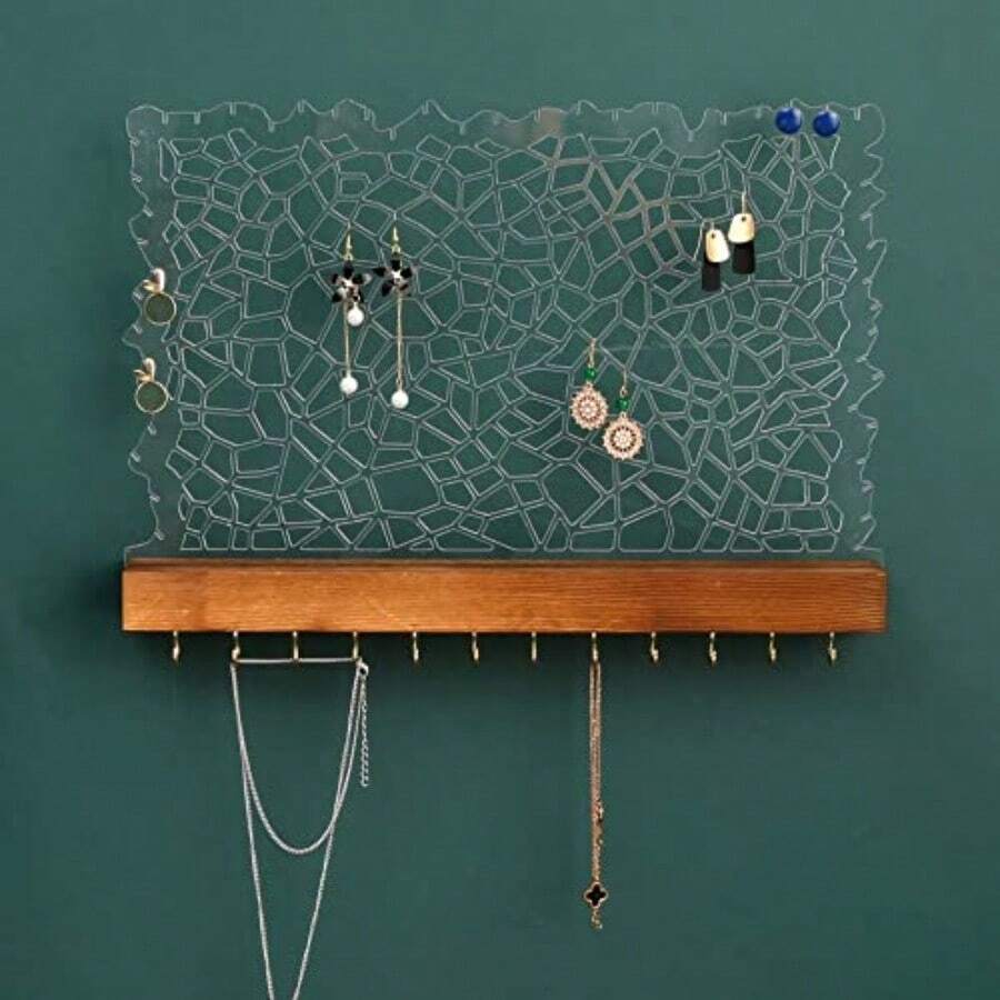 Earring Holder Organizer Hanging Jewelry Organizer Wall Mounted Earing Holder With Wood Base Acrylic Holder For Stud Earrings Necklaces Earrings Bracelets Rings - Brown - View 1