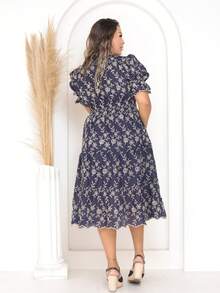 Women's Midi Dress With Embroidered Laise All-Over Print Embroidery Button Ruffles Gathered Formal And Evening - Two-tone Navy Blue - View 2