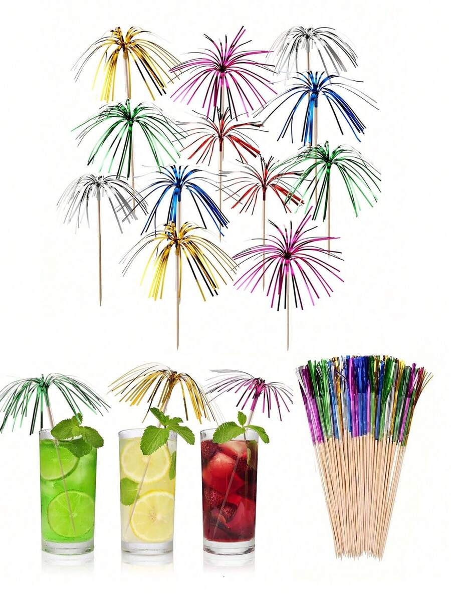 10/30/50/100pcs Colorful Cocktail Firework Shaped Drink Stirrers, Hawaiian Paper Cup Cake Decorations, Party Cake Decorations, Holiday Celebration Party Fruit Toothpicks, Cake Decorations, Make Every Celebration A Highlight, Ideal For Birthday, Wedding, Beach Theme Party, Add A Bright Color And Fun To Every Dessert, Kitchen Supplies, 1 Set