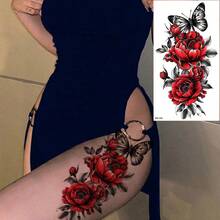 20pcs Sexy Colorful Flower Rose Temporary Tattoos, Suitable For Women And Girls, Body Art Fake Arm Tattoo Stickers, Waterproof Black Butterfly, Colored Butterfly, Feather Floral Temporary Tattoos - Multicolor - View 2