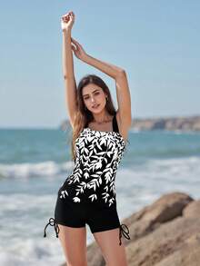 Traje de baño de verano para mujer de 2 piezas, top acolchado con estampado de hojas + shorts con cordón ajustable de color liso para niñas, 5 colores - Blanco - Ver 7