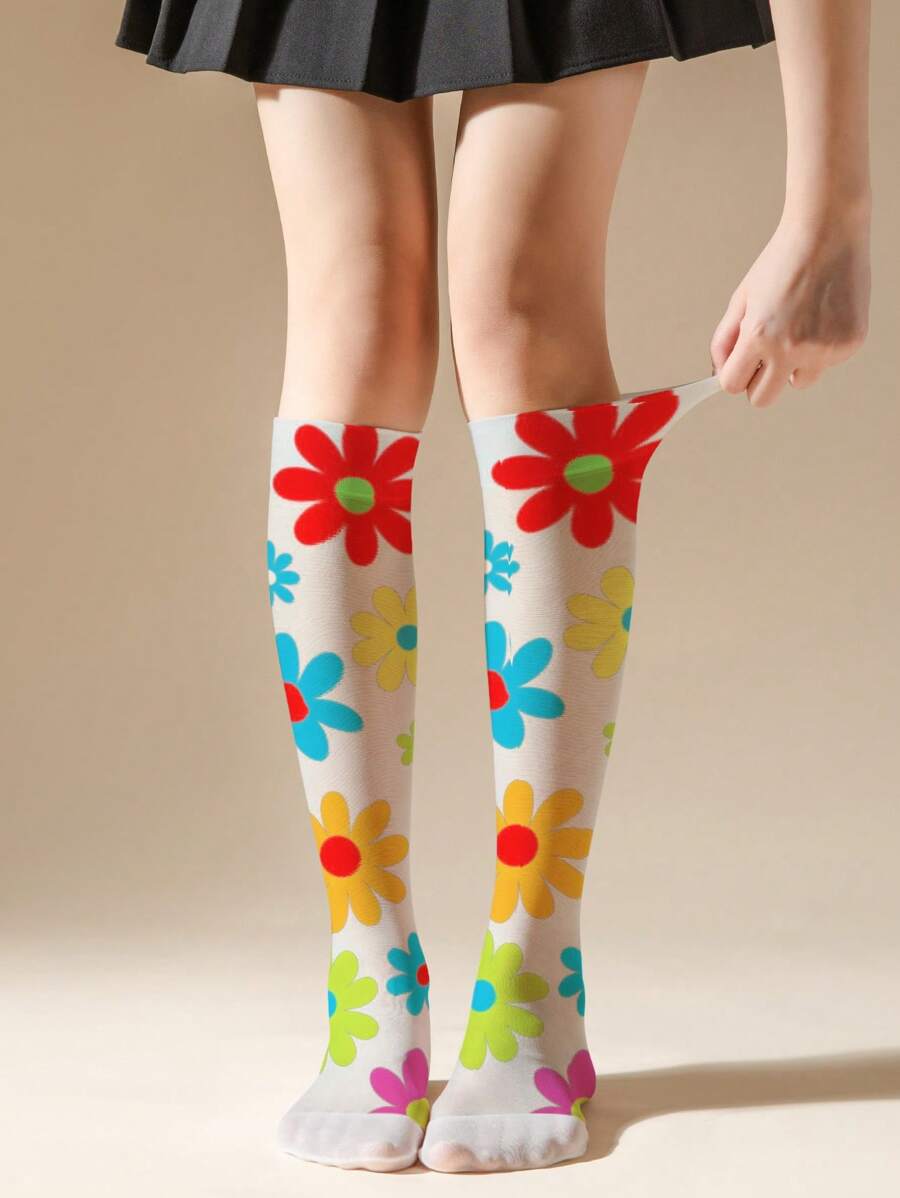 1/3/5 Pares de medias con patrón de flores margaritas de colores para mujeres