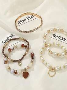 5 Stücke Set Damen Perlenarmband mit Herzanhänger, Strass-Gummiband-Armband, elegantes Perlenarmband, Alltagszubehör