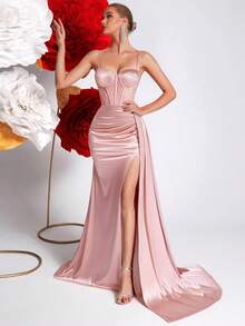 ADYCE Vestido largo de fiesta, de noche, formal y para invitados de boda, con abertura, cintura alta, sin mangas y con detalles de strass, con lazo en la espalda - Rosa Pálido - Ver 8