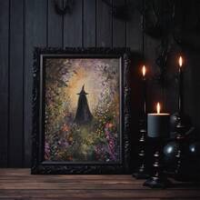 1pc, Canvas Decorative Painting With Framed Wall Mural Is, Vintage Witch Decoration, Halloween Decoration, Vintage Halloween Painting, Forest Botanical Floral Witch, Gothic Witch Decoration, Autumn Decorations, Halloween Home Decoration, For Room Decoration, Dormitory Decoration, Bathroom Decoration, Bedroom Decoration, Living Room Decoration, Halloween Gift Fall Decor